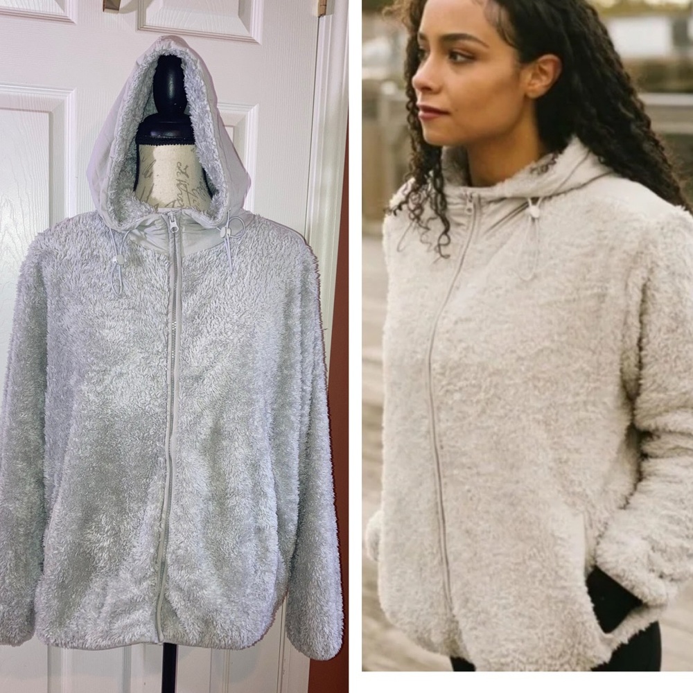 Zyia Active Storm Sherpa Hooded Full Zip Teddy Jacket Light Grey sz Large